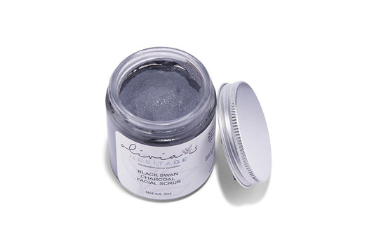 Black Swan Scrub, a luxurious face scrub that gently exfoliates and revitalizes, leaving skin smooth and refreshed, available at OliviasHeritage.com