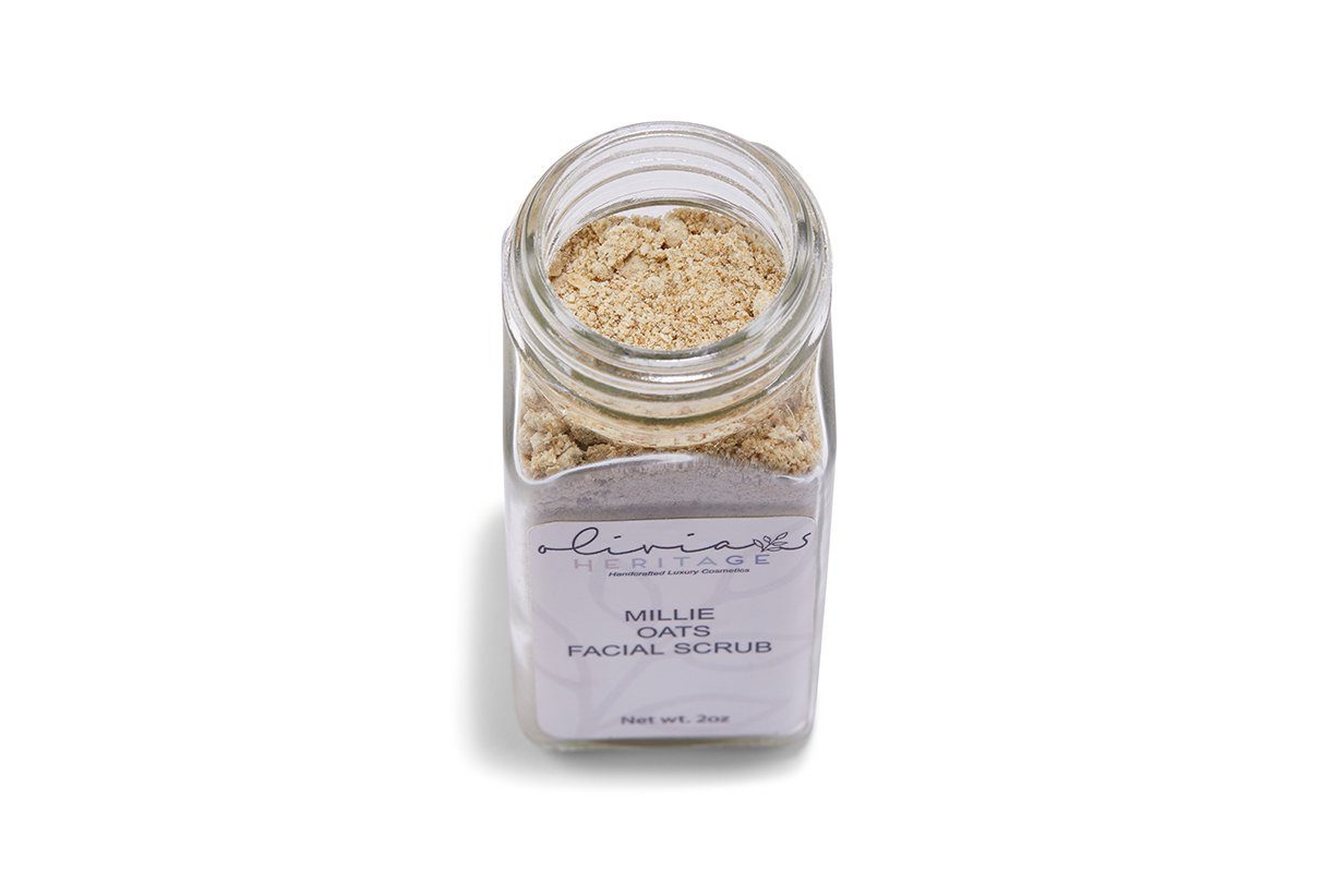 Millie Oats Facial Scrub, a gentle exfoliating scrub that cleanses and smooths the skin with natural oat ingredients