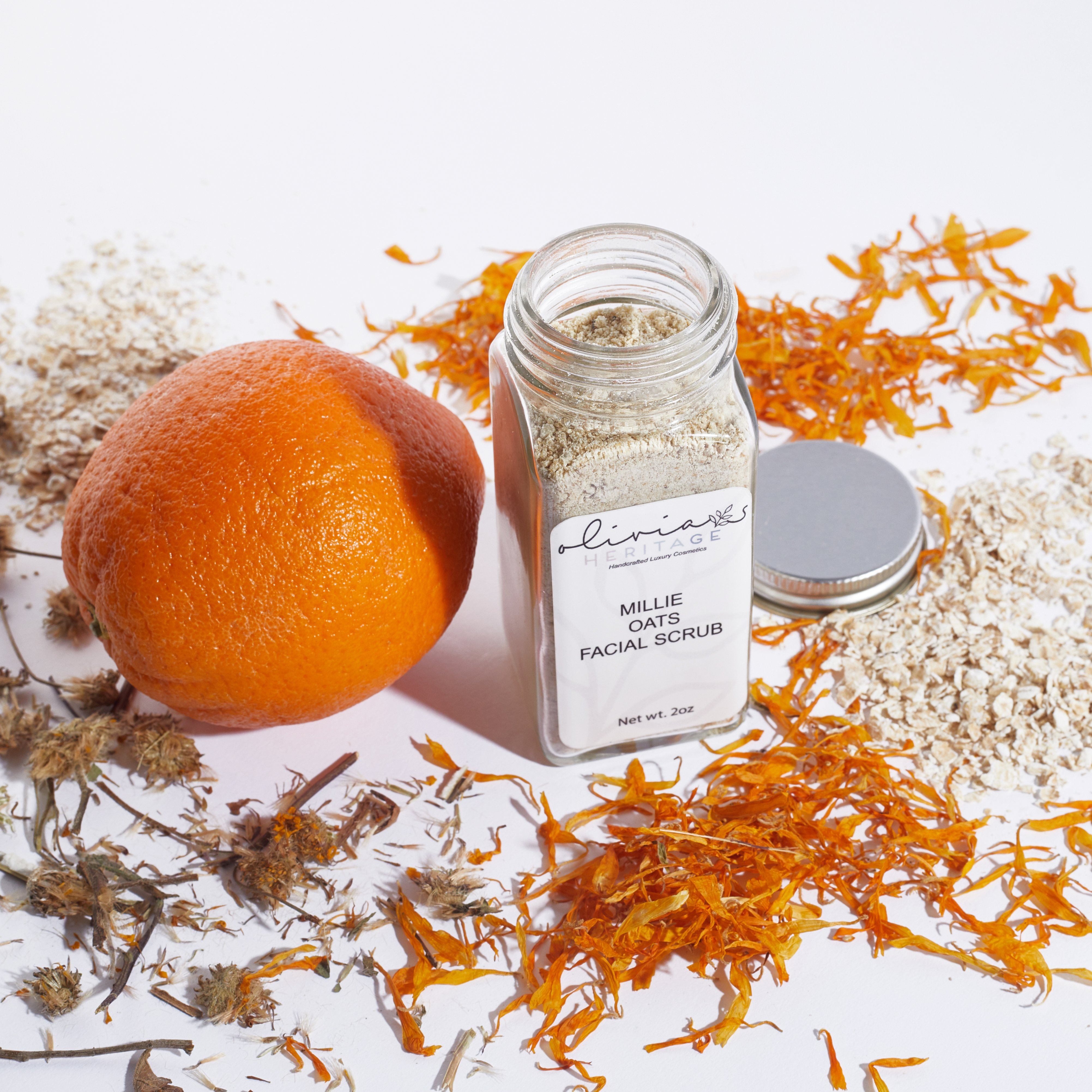 Millie Oats Facial Scrub, a gentle exfoliator that smooths and nourishes the skin with natural oat ingredients