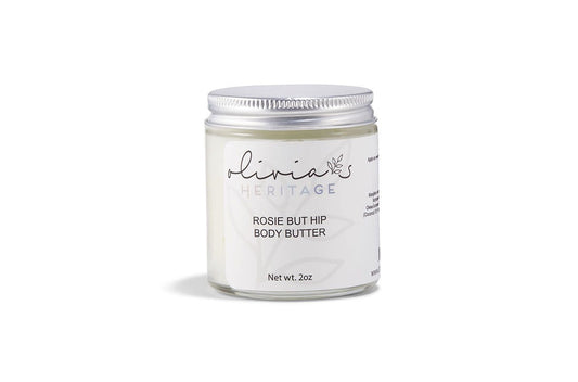 Rosie But Hip Rose Body Butter, a luxurious, nourishing body butter that hydrates and softens the skin with a delicate rose fragrance, available at OliviasHeritage.com