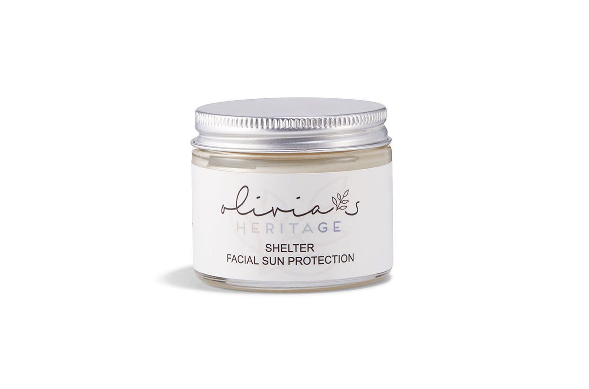 Shelter Sun Protection, a lightweight sunscreen that shields the skin from harmful UV rays while nourishing and protecting, available at OliviasHeritage.com